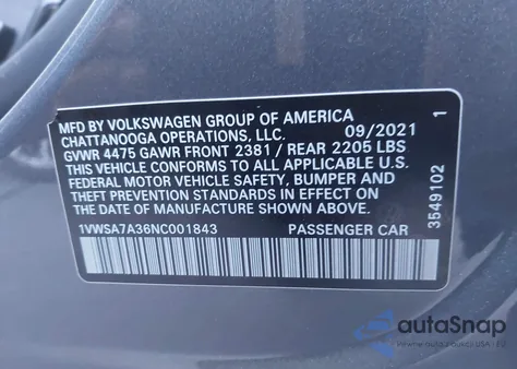 2022 Volkswagen Passat 2.0T Se z USA, uszkodzony, nr VIN 1VWSA7A36NC001843